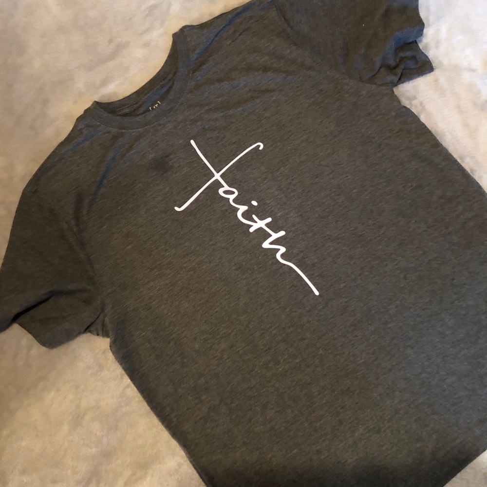 Faith- Dark heather grey tee with metallic pink